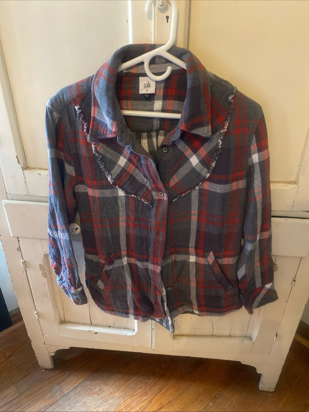 CAbi Gray and Red Plaid Button-Front Jean Jacket